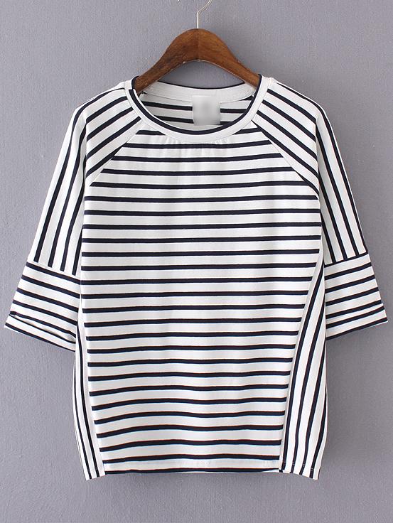 Shein White And Black Raglan Half Sleeve Stripe T-shirt