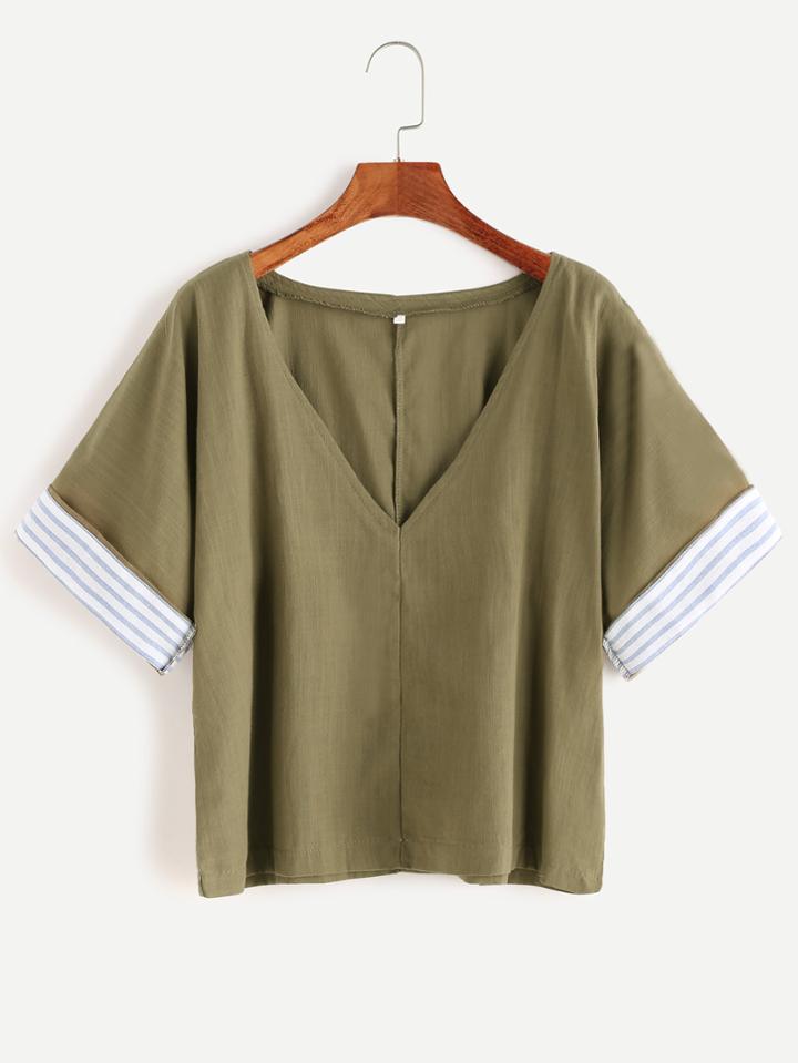 Shein Army Green Striped Trim V Neck T-shirt