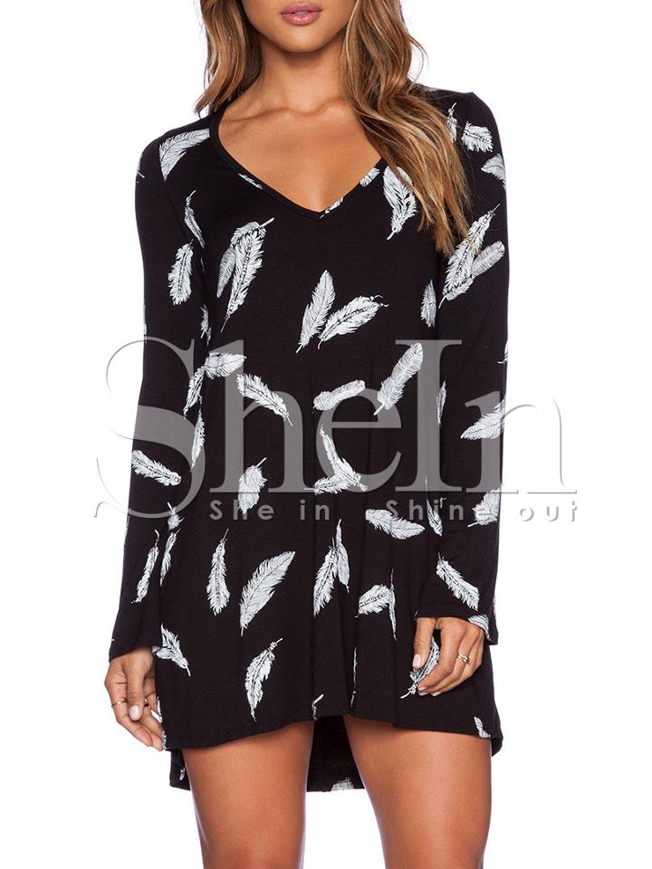 Shein Black Monochrome Long Sleeve Feather Print Dress