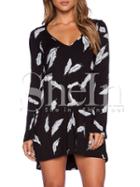 Shein Black Monochrome Long Sleeve Feather Print Dress