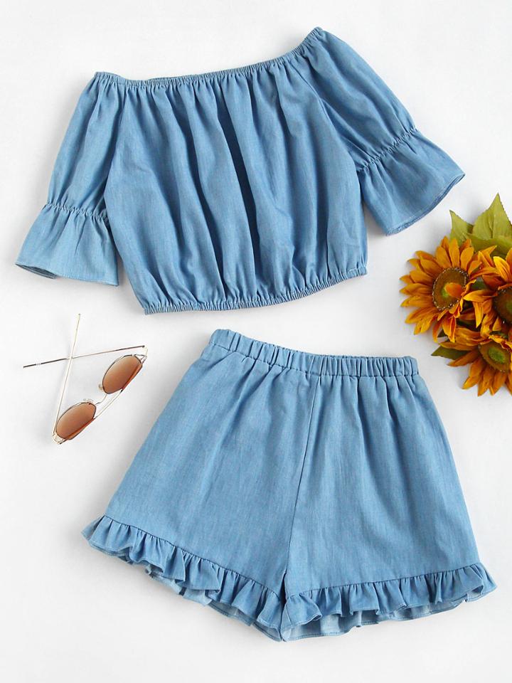 Shein Bardot Crop Top With Frill Hem Shorts
