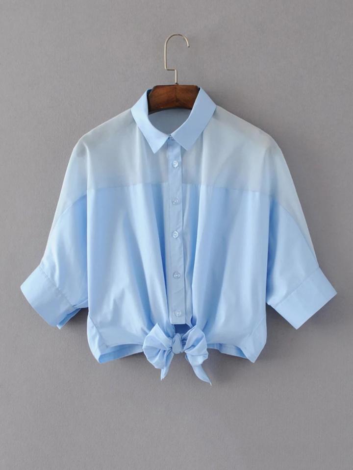 Shein Contrast Sheer Shoulder Knot Front Blouse