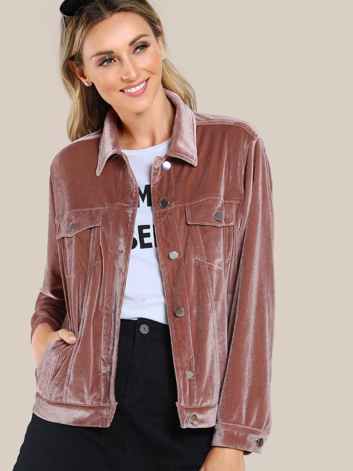 Shein Single Breasted Velvet Jacket With Pockets