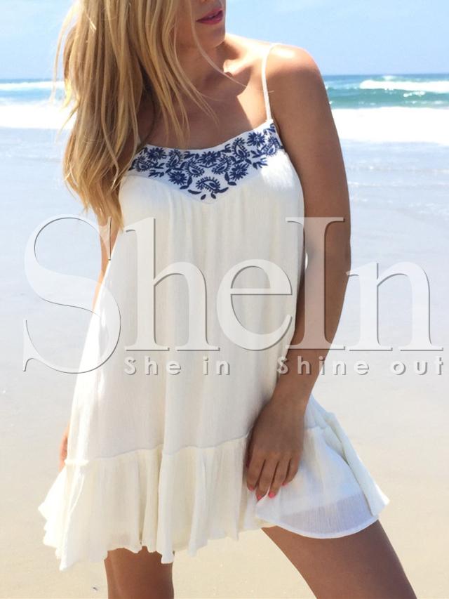 Shein White Spaghetti Strap Backless Embriodered Dress