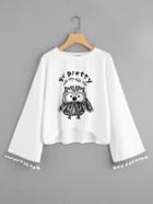 Shein Pom Pom Trim Bell Sleeve Owl Print Pullover