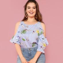 Shein Plus Open Shoulder Mixed Print Ruffle Blouse