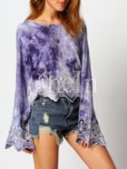 Shein Purple Lace Eyelet Embroidery Bell Sleeve Blouse