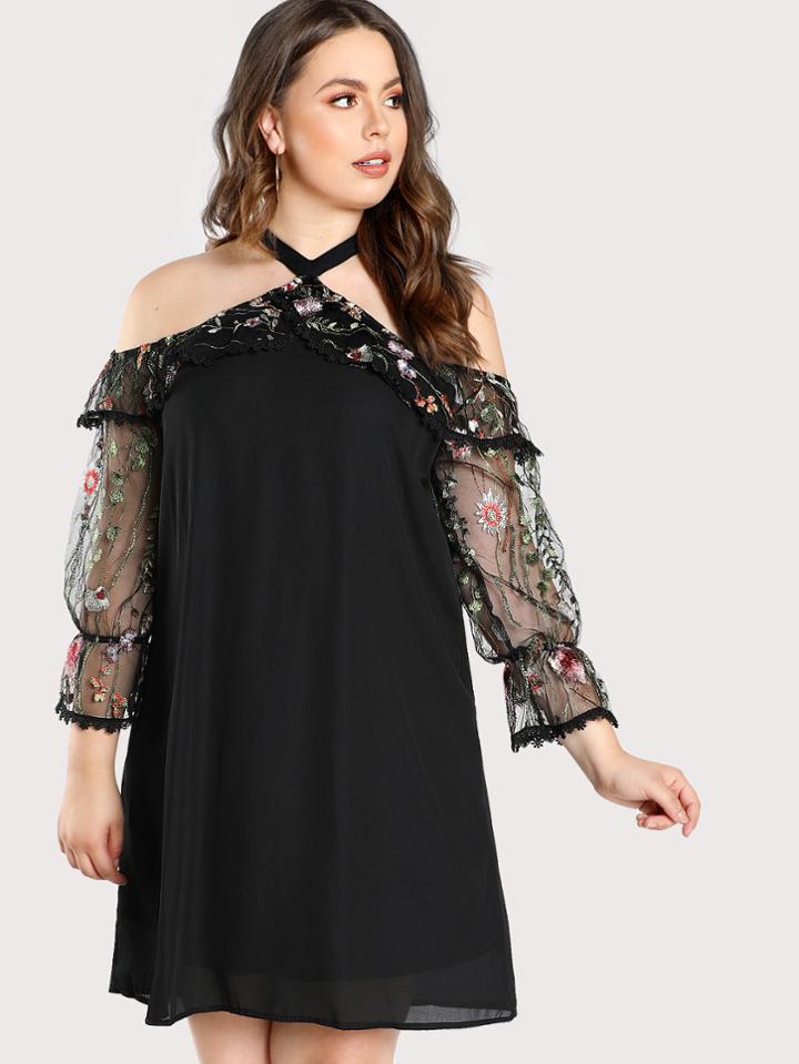 Shein Cold Shoulder Floral Embroidered Dress
