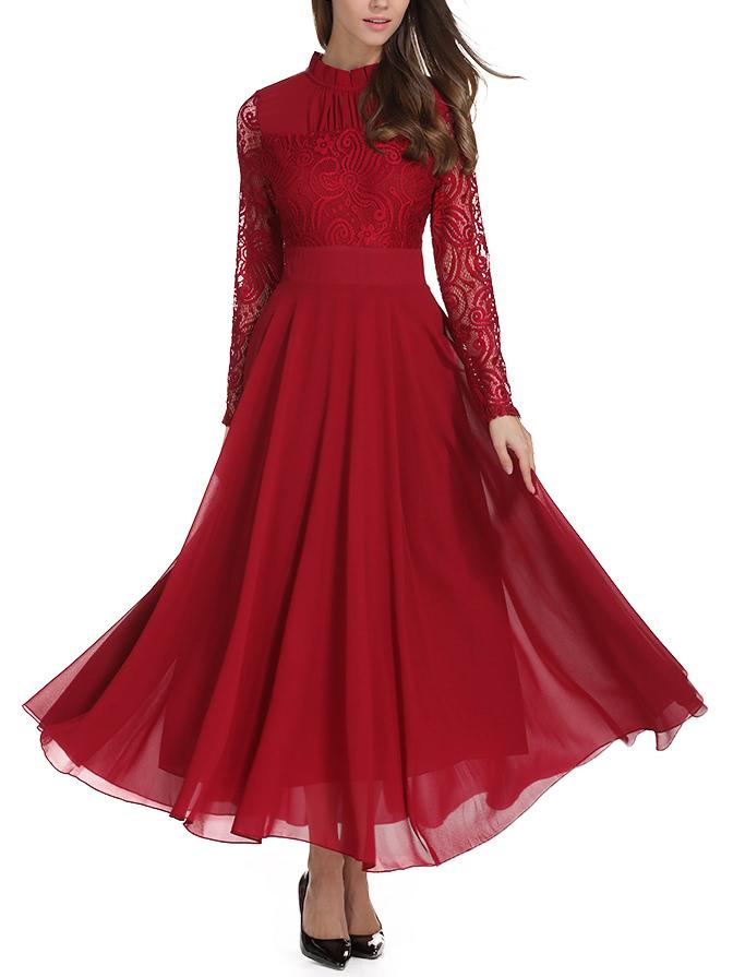 Shein Lace Contrast Mesh Pleated High Waist Dress