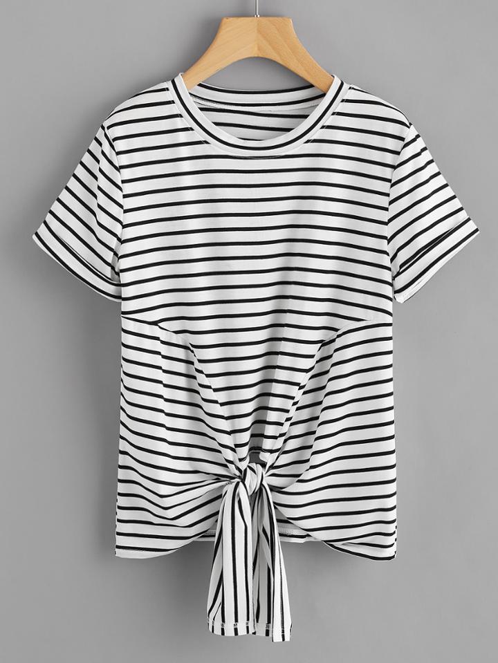 Shein Knotted Hem Cuffed Striped Tee