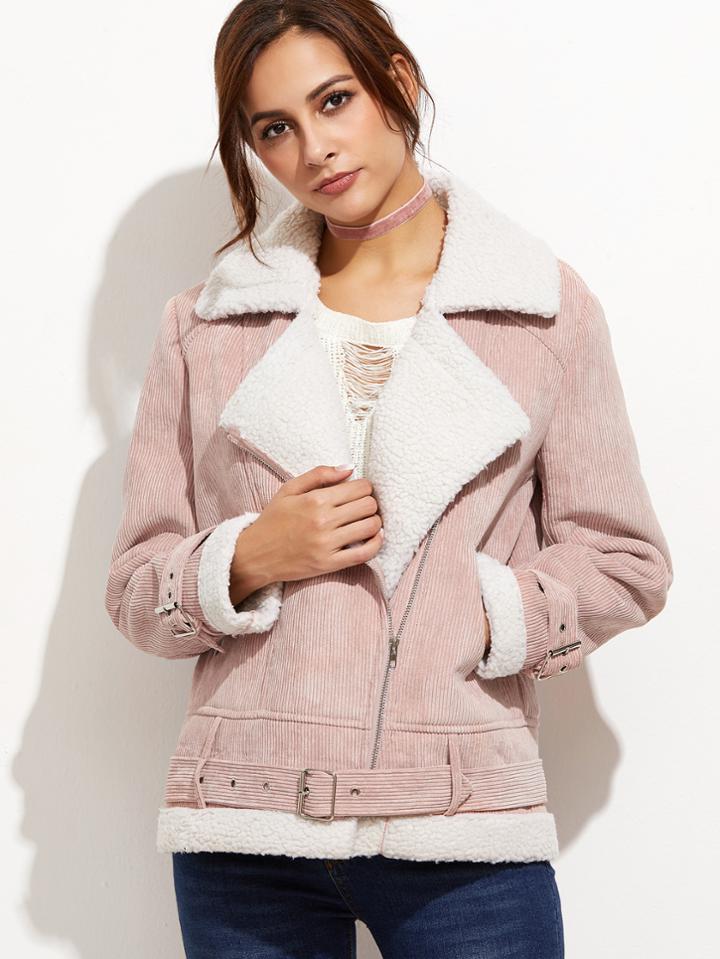 Shein Pink Fleece Lined Belted Asymmetric Zip Cord Jacket