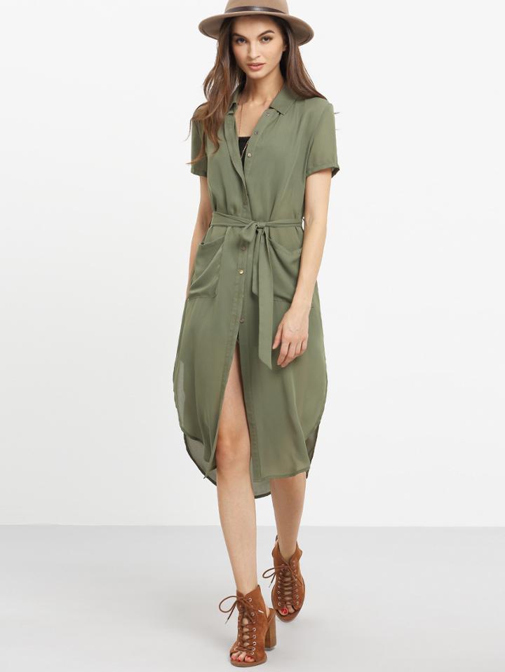Shein Army Green Pockets Tie Waist Dip Hem Outerwear