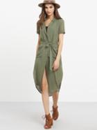 Shein Army Green Pockets Tie Waist Dip Hem Outerwear