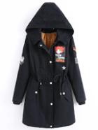 Shein Black Hooded Embroidered Patch Drawstring Sherpa Lined Coat