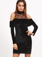 Shein Black Embroidered Mesh Neck Cold Shoulder Ruffle Velvet Dress