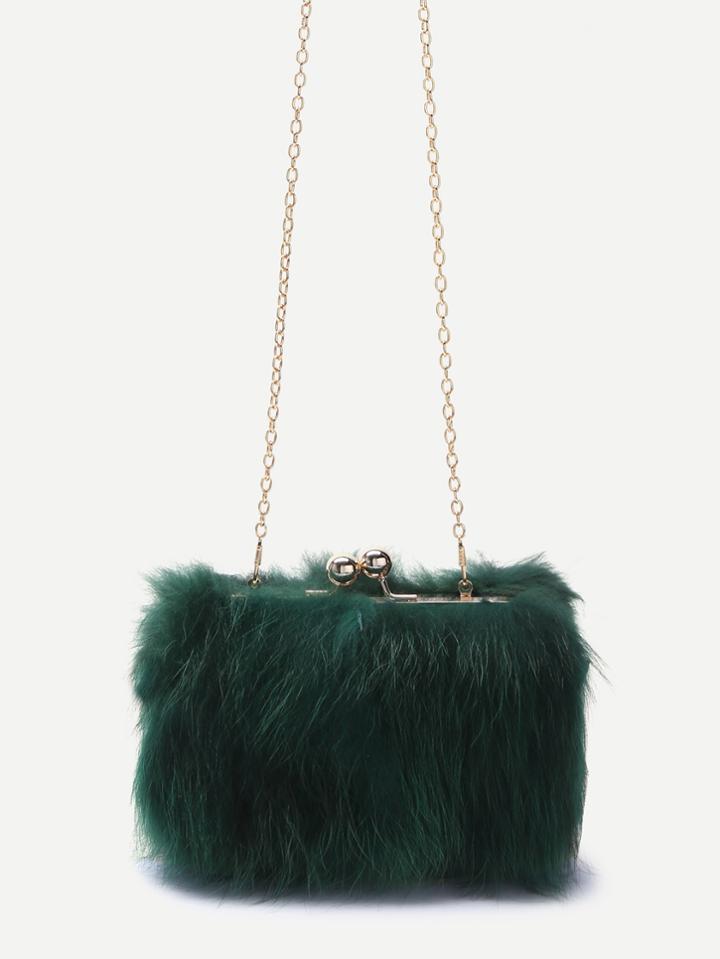 Shein Green Fox Fur Kiss Lock Crossbody Chain Bag