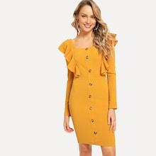 Shein Ruffle Detail Button Square Neck Dress