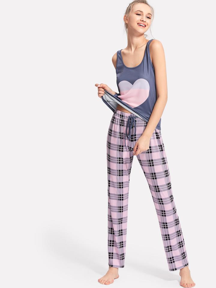 Shein Heart Print Tank & Plaid Pants Pj Set