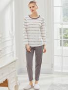 Shein Striped Contrast Trim Tee With Pants Pajama Set