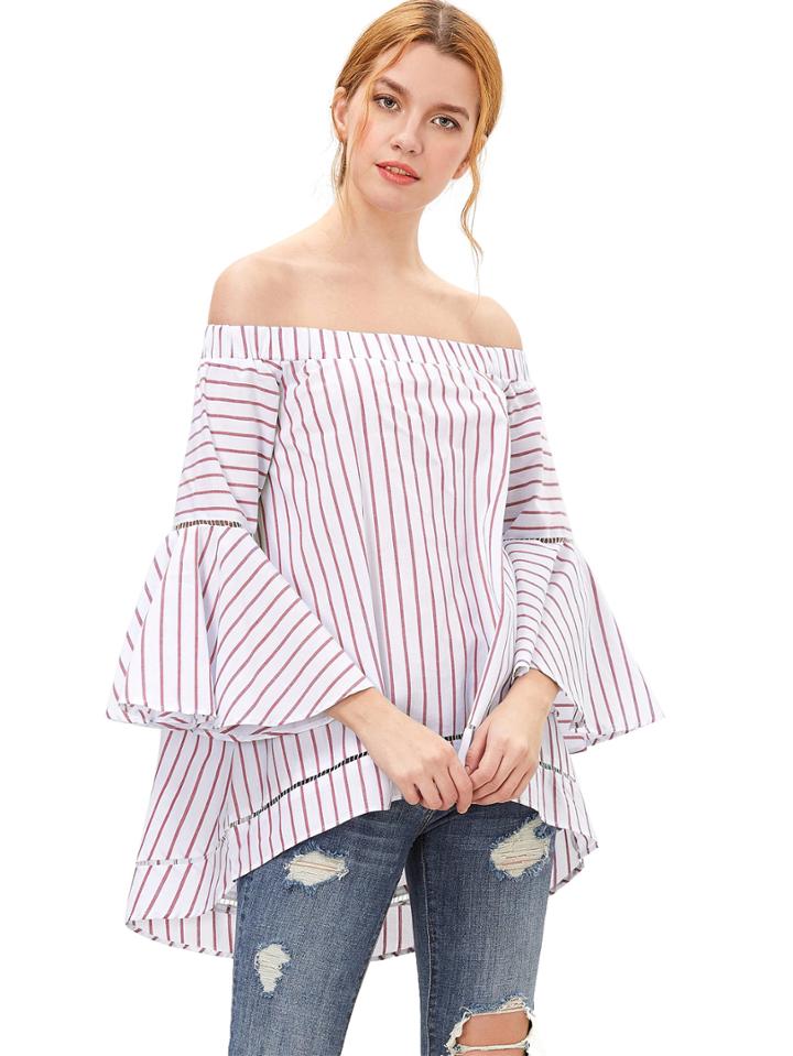 Shein Contrast Striped Off The Shoulder Bell Sleeve Blouse