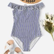 Shein Ruffle Off The Shoulder Random Striped Swimsuit