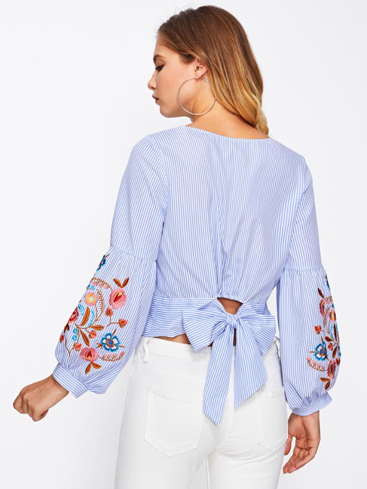 Shein Bow Back Embroidered Puff Sleeve Pinstripe Blouse