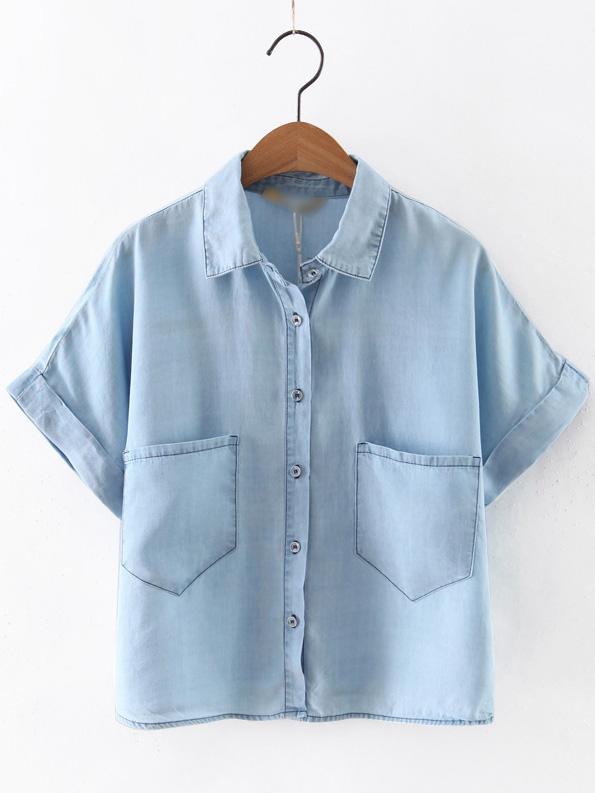 Shein Light Blue Lapel Roll Up Cuff Pockets Buttons Blouse