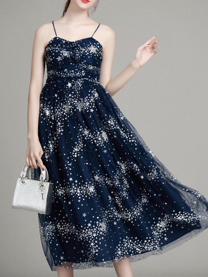Shein Navy Spaghetti Strap Backless Gauze Star Beading Dress