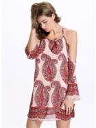 Shein Red Paisley Print Cold Shoulder Keyhole Tie Neck Dress
