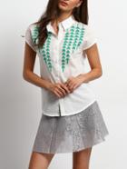 Shein White Lapel Short Sleeve Leaves Embroidered Blouse