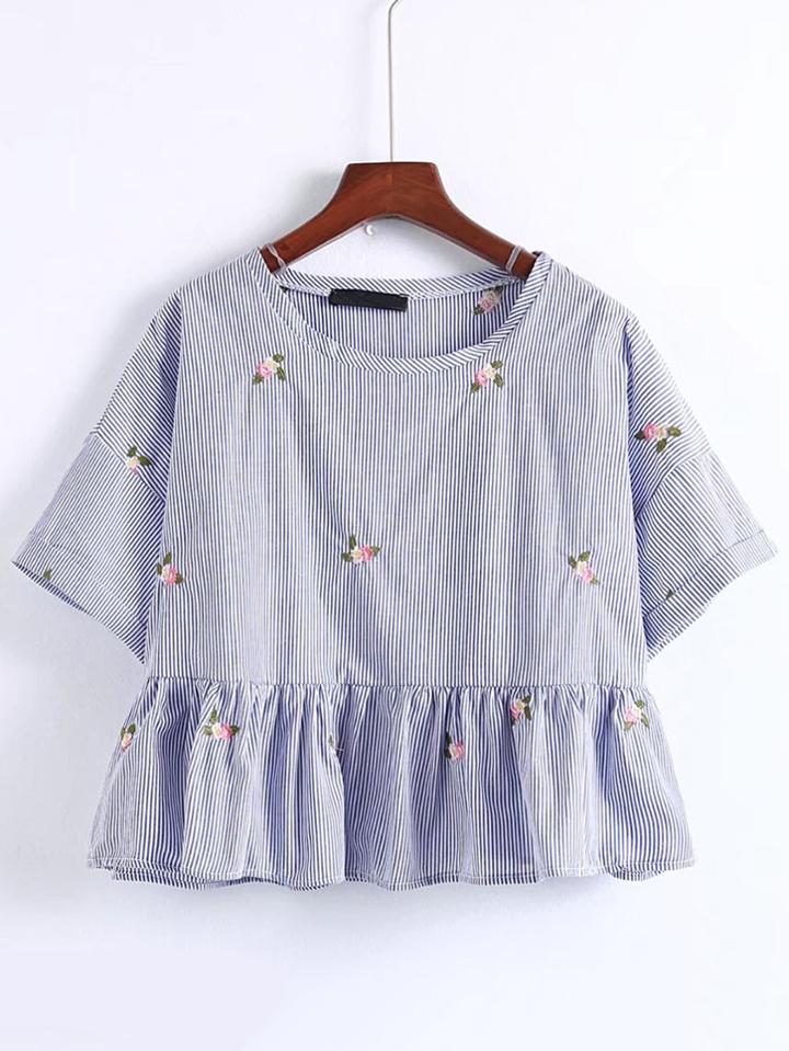 Shein Ruffle Hem Pinstripe Embroidered Top