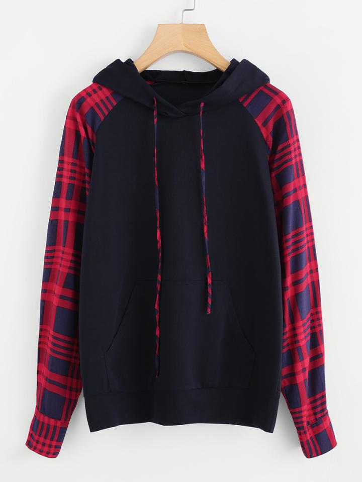 Shein Kangaroo Pocket Tartan Plaid Contrast Hoodie