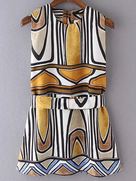 Shein Multicolor Sleeveless Geometric Print Dress With Belt