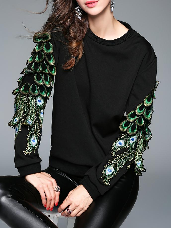 Shein Black Crew Neck Wings Applique Blouse