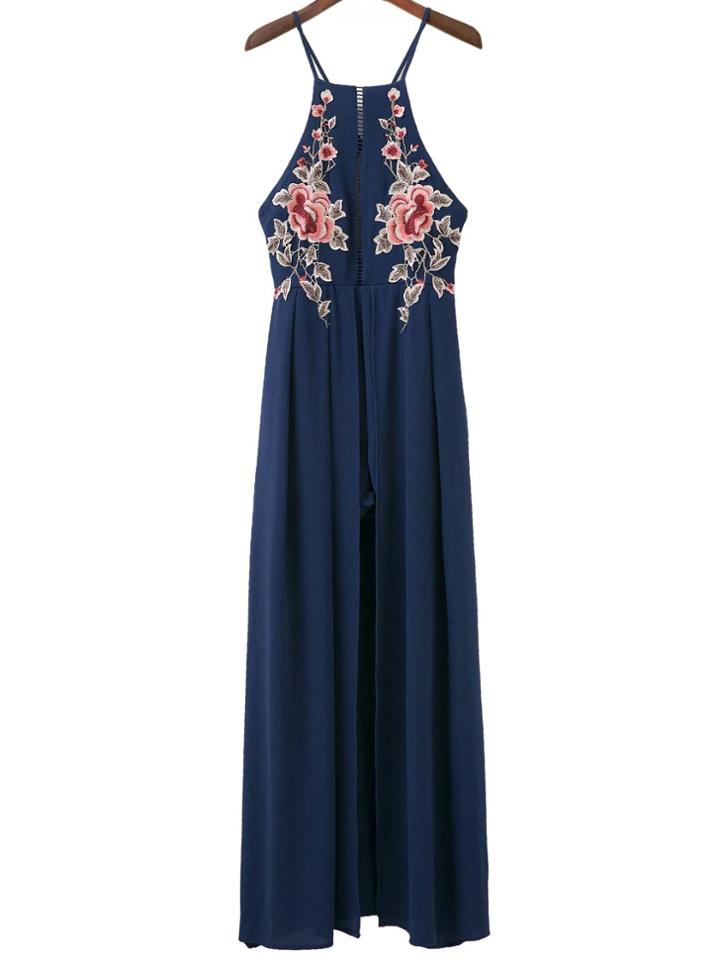 Shein Navy Embroidery Ladder Cutout Overlay Romper