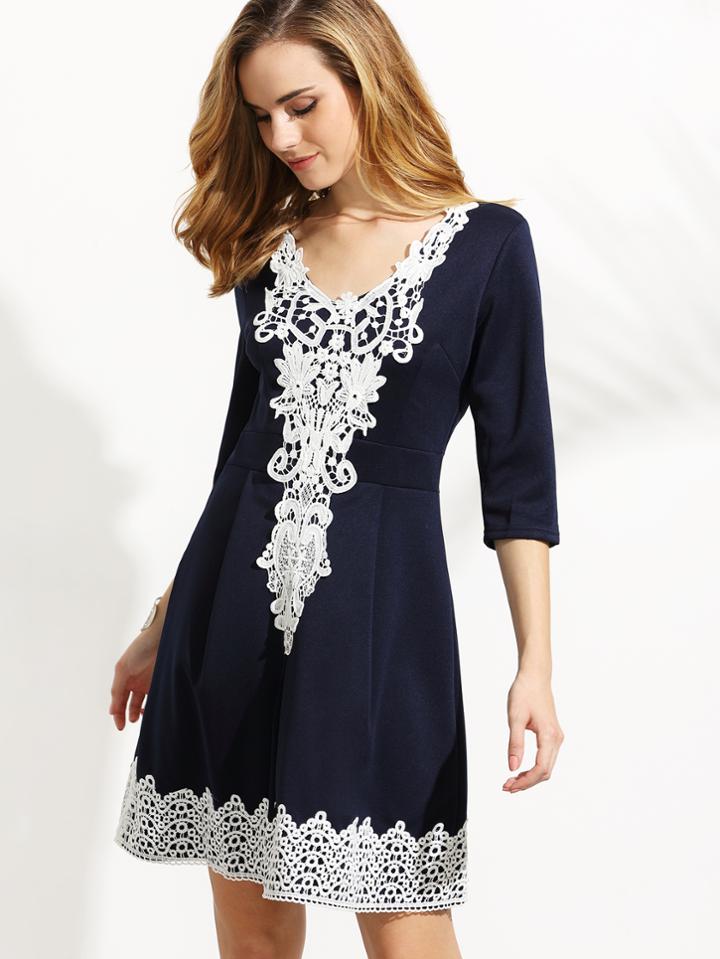 Shein Navy V Neck Crochet Applique Box Pleated Dress