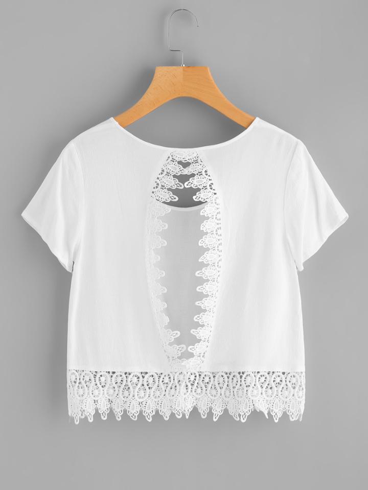 Shein Crochet Lace Trim Keyhole Back Crop Tee