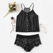 Shein Eyelash Contrast Lace Cami Top & Panty