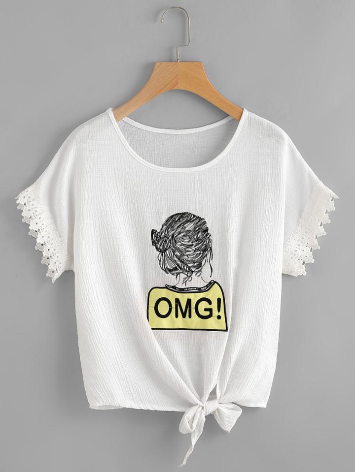 Shein Graphic Print Lace Trim Knotted Hem Blouse