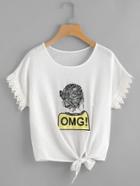 Shein Graphic Print Lace Trim Knotted Hem Blouse