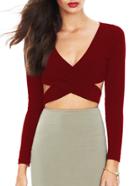 Shein Wine Red Deep V Neck Cutout Blouse