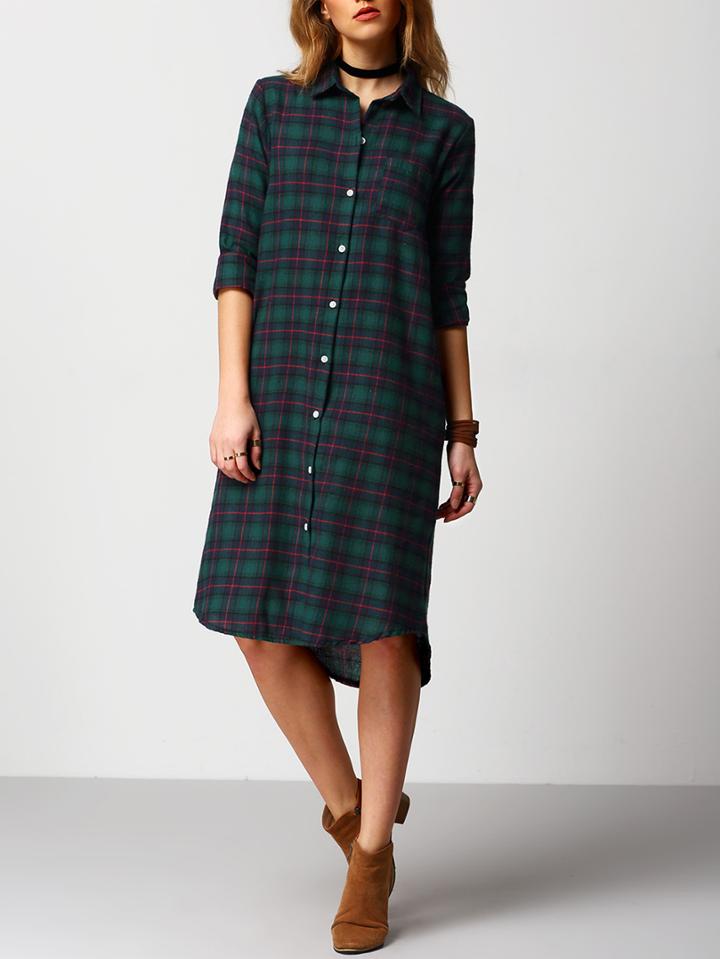 Shein Green Lapel Plaid Loose Shirt Dress