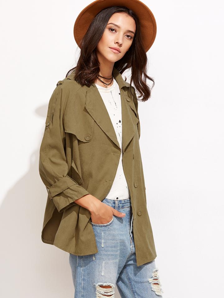 Shein Khaki Ruffle Front Slit Side Coat