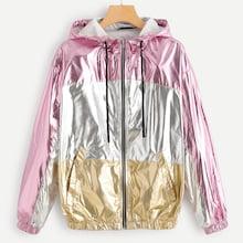 Shein Color Block Zip Up Drawstring Hoodie Rain Coat