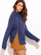 Shein Blue Cable Knit Double Zip Front Sweater
