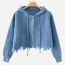 Shein Frayed Hem Drawstring Hooded Sweater Coat