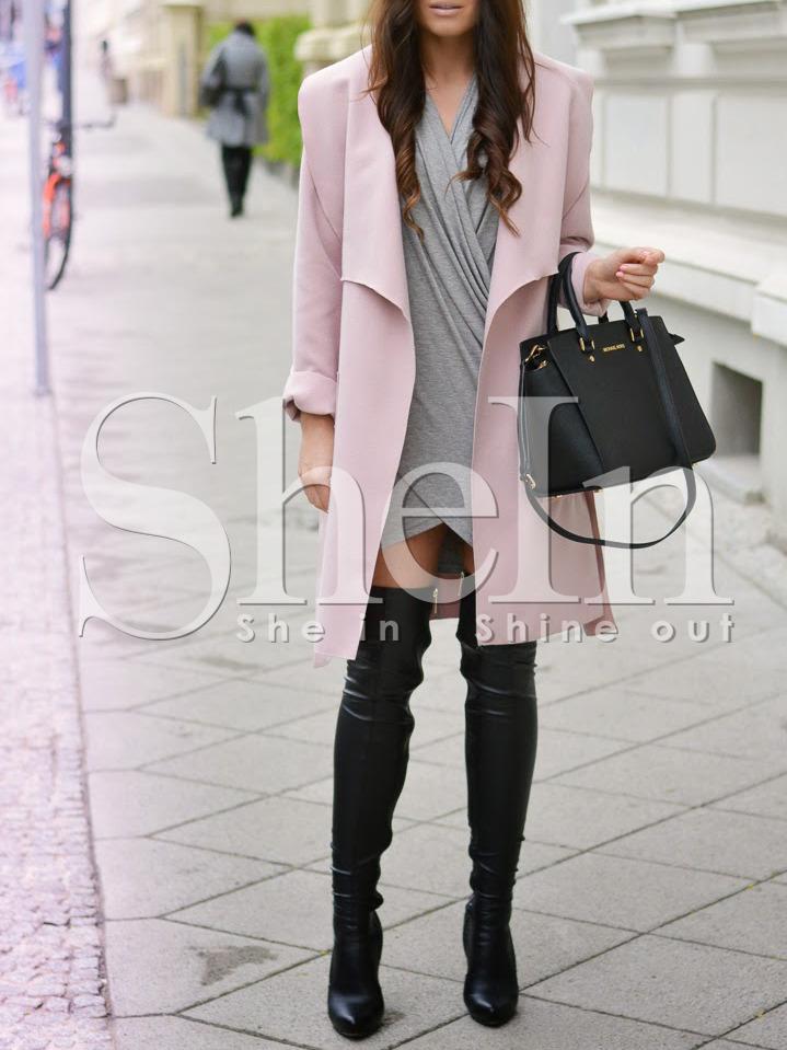 Shein Pink Long Sleeve Pockets Coat