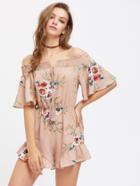 Shein Tassel Tie Flutter Sleeve Frilled Smocked Bardot Romper