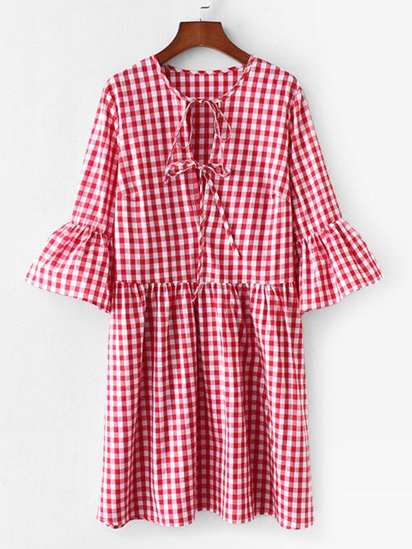 Shein Tie Neck Smock Gingham Dress