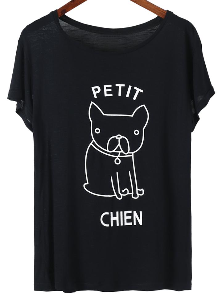 Shein Black Letter Cartoon Pig Print Casual T-shirt